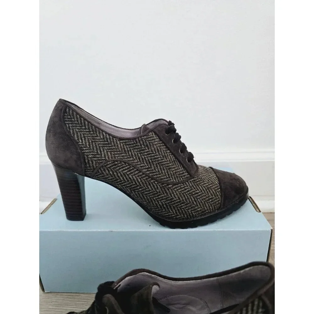 Johnston and Murphy Gail Piped Oxford Herringbone Brown Green Pinup 40s Heels 8